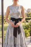 Blush Jacquard A Line Boat Neck Maxi Floral Dress with Bow