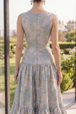 Blush Jacquard A Line Boat Neck Maxi Floral Dress with Bow