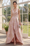Blush Jacquard A Line V-Neck Maxi Floral Dress with Slit