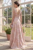 Blush Jacquard A Line V-Neck Maxi Floral Dress with Slit