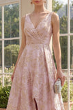 Blush Jacquard A Line V-Neck Maxi Floral Dress with Slit