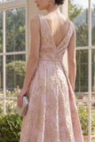 Blush Jacquard A Line V-Neck Maxi Floral Dress with Slit
