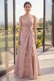 Blush A Line Jacquard Ruched V Neck Maxi Floral Dress with Slit