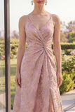 Blush A Line Jacquard Ruched V Neck Maxi Floral Dress with Slit