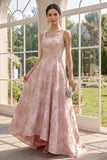Elegant Blush A-Line Square Neck Jacquard Maxi Floral Dress