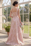 Elegant Blush A-Line Square Neck Jacquard Maxi Floral Dress