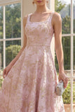 Elegant Blush A-Line Square Neck Jacquard Maxi Floral Dress