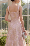 Elegant Blush A-Line Square Neck Jacquard Maxi Floral Dress