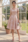 Blush A Line V-Neck Jacquard Midi Floral Dress with Short Sleeves