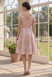 Blush A Line V-Neck Jacquard Midi Floral Dress with Short Sleeves
