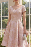 Blush A Line V-Neck Jacquard Midi Floral Dress with Short Sleeves