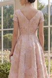 Blush A Line V-Neck Jacquard Midi Floral Dress with Short Sleeves