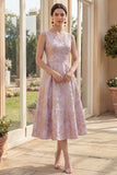 Dusty Lilac Jacquard A Line Boat Neck Midi Floral Dress