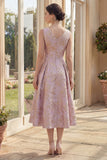 Dusty Lilac Jacquard A Line Boat Neck Midi Floral Dress
