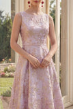 Dusty Lilac Jacquard A Line Boat Neck Midi Floral Dress