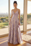 A-Line Dusty Lilac Jacquard Spaghetti Straps Maxi Floral Dress