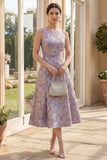 Dusty Lilac A Line Boat Neck Jacquard Midi Floral Dress