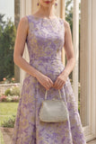 Dusty Lilac A Line Boat Neck Jacquard Midi Floral Dress