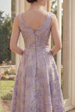 Dusty Lilac A Line Boat Neck Jacquard Midi Floral Dress