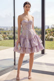 Cute Dusty Lilac A Line Corset Jacquard Mini Floral Dress with Ruffles