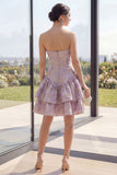 Cute Dusty Lilac A Line Corset Jacquard Mini Floral Dress with Ruffles