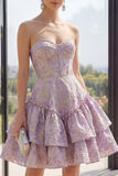 Cute Dusty Lilac A Line Corset Jacquard Mini Floral Dress with Ruffles