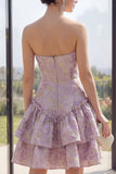 Cute Dusty Lilac A Line Corset Jacquard Mini Floral Dress with Ruffles