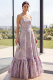 Dusty Lilac Strapless Jacquard A Line Maxi Floral Dress