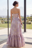Dusty Lilac Strapless Jacquard A Line Maxi Floral Dress