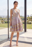 Dusty Lilac A Line Ruffled V-Neck Jacquard Midi Floral Dress with Lace