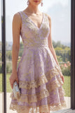 Dusty Lilac A Line Ruffled V-Neck Jacquard Midi Floral Dress with Lace