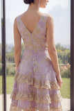 Dusty Lilac A Line Ruffled V-Neck Jacquard Midi Floral Dress with Lace