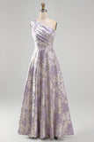 Dusty Lavender One Shoulder Ruched Jacquard A-Line Maxi Formal Dress