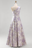 Dusty Lavender One Shoulder Ruched Jacquard A-Line Maxi Formal Dress