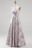 Dusty Lavender One Shoulder Ruched Jacquard A-Line Maxi Formal Dress