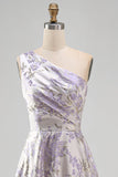 Dusty Lavender One Shoulder Ruched Jacquard A-Line Maxi Formal Dress