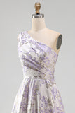 Dusty Lavender One Shoulder Ruched Jacquard A-Line Maxi Formal Dress