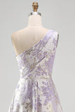 Dusty Lavender One Shoulder Ruched Jacquard A-Line Maxi Formal Dress