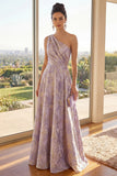 One Shoulder A Line Dusty Lilac Ruched Jacquard Maxi Floral Dress