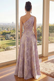 One Shoulder A Line Dusty Lilac Ruched Jacquard Maxi Floral Dress