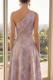 One Shoulder A Line Dusty Lilac Ruched Jacquard Maxi Floral Dress