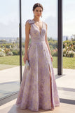 Dusty Lilac Jacquard A Line Bowed V-Neck Floral Dress with Slit