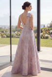Dusty Lilac Jacquard A Line Bowed V-Neck Floral Dress with Slit