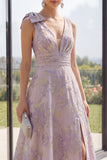 Dusty Lilac Jacquard A Line Bowed V-Neck Floral Dress with Slit