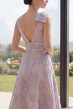 Dusty Lilac Jacquard A Line Bowed V-Neck Floral Dress with Slit