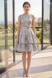 Dusty Blue A Line Ruffled Jacquard Midi Floral Dress with Belt