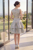 Dusty Blue A Line Ruffled Jacquard Midi Floral Dress with Belt