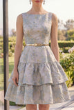 Dusty Blue A Line Ruffled Jacquard Midi Floral Dress with Belt