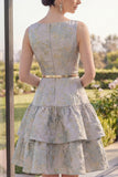 Dusty Blue A Line Ruffled Jacquard Midi Floral Dress with Belt