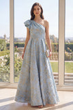 Dusty Blue A Line One Shoulder Jacquard Floral Dress with Bow